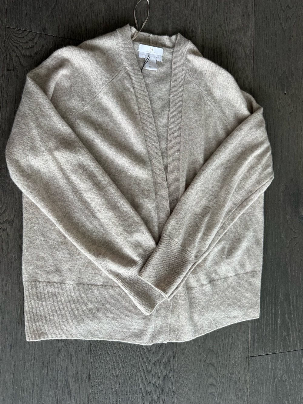 Halston 2-ply 100% Cashmere Open Front Cardigan Oatmeal Beige